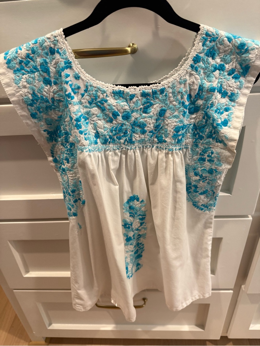 Mi Golondrina White Blouse with Turquoise Floral Embroidery